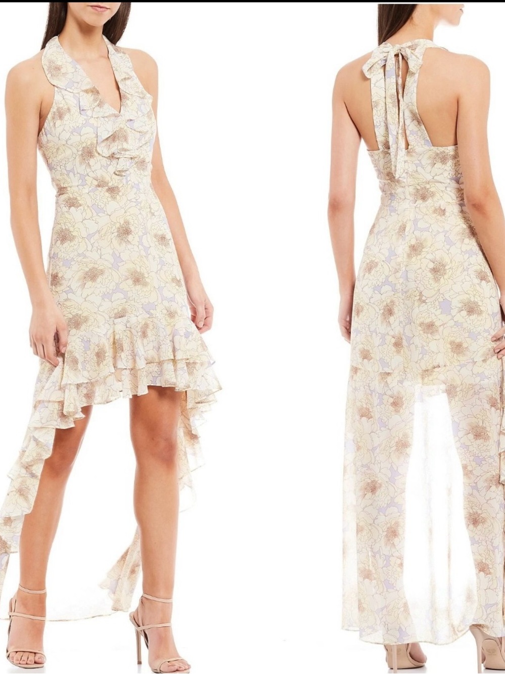 Badgley Mischka Cream Floral High-Low Halter Ruffle Dress Size 4